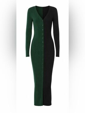 STAUD Shoko Green Black Colorblock Ribbed Knit Midi Sweater Dress M